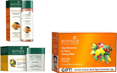 

BIOTIQUE BIO anti-tan facial kit, Honey Gel Refreshing Foaming Face cleanser , Fruit Whitening & Depigmentation Face Pack(Set of 3)