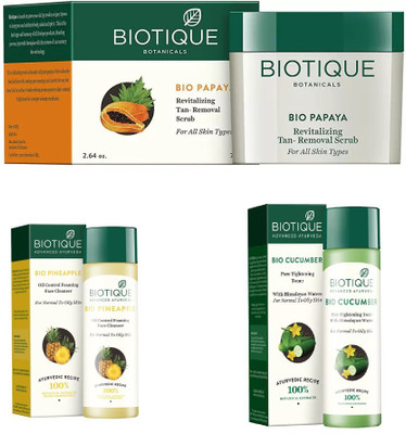 

BIOTIQUE BIO PINEAPPLE OIL CONTROL FACE CLEANSER, Cucumber Pore Tightening Toner, Papaya Revitalizing Tan-Removal Scrub(Set of 3)
