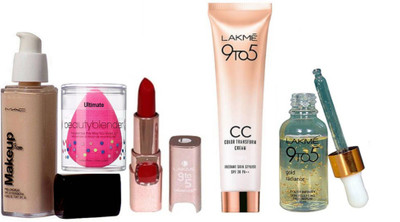 

Ultimate Sponge Puff And Mac Makeup 24hr Pro Long Wear Spf 10 Foundation With Skin Base Primer & CC Color Transfrom Cream SPF 30 PA++ & matte finish Lipstick(Set of 5)