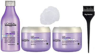 

big Basket Hair Brush, Shower cap L'oreal Liss Unlimited Hair Shampoo With Spa Set Of 2(Set of 5)