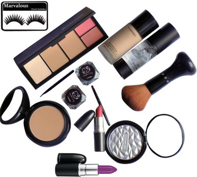 

marvalous Eyelashes And Viva Glam Blush+Compact Palette & Gel Eyeliner, Matte Finish Long Lasting Lipstick (Pack of 2), Illuminator, Matchmaster Foundation, Skin Base Visage Primer, Studio Fix Compact, Makeup Brush(Set of 10)