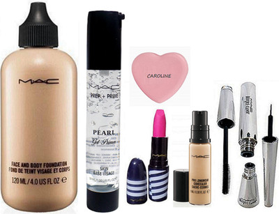 

CAROLINE Silicon Puff, Mac Face and body Foundation, Pro Long Wear Concealer, Finish Matte Lipstick, Brook Candy Eyeliner & Mascara , Prep+prime Pearl primer(Set of 7)