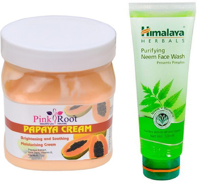 Pink Root PAPAYA CREAM 500ML WITH NEEM FACE WASH(Set of 2)