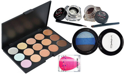 

big basket sponge puff & mac concealer palette 15 shade with hello kitty eyeliner two blam & mac eyeshadow fard a' joues mineralize(Set of 4)