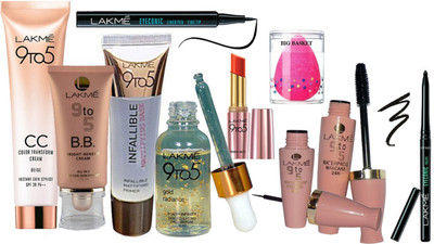 

big Basket sponge puff , lakme 9 to 5 B.B. bright-benefit cream all in 1 instant skin stylist , cc color trasnform cream , infallible mattifying primer , gold radiance serum , water proof eyeliner & mascara , primer +matte lipstick with eye conic pen eyel
