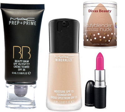 

divas beauty sponge puff & mac minearlize moisture spf 15 liquid foundation & mac matte finish pink lipstick, Mac Prep+Prime BB BEauty Balm Cream Foundation(Set of 4)