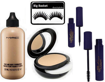 

big Basket Eyelashes, Mac Studio Fix Compact, Padma Eyeliner & Mascara , Face & Body Foundation(Set of 5)