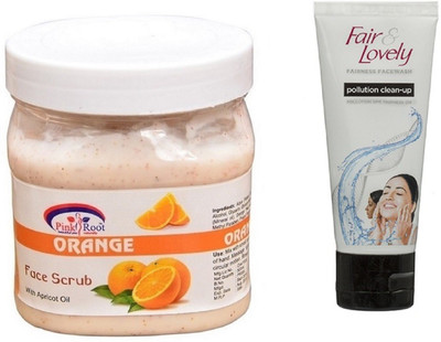 

Pink Root ORANGE SCRUB 500ML WITH FAIR & LOVELY POLLUTION CLEAN-UP FACE WASH(Set of 2)