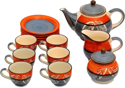

Caffeine Handmade Authentic Leaf Print Kettle Ceramic(Orange, Black, Pack of 15)