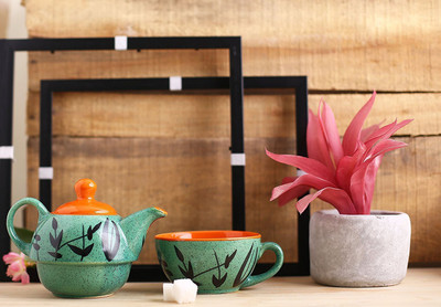 

caffeine Handmade Glazed 2 in 1 Tea Pot with Cup Ceramic(Green, Pack of 1)
