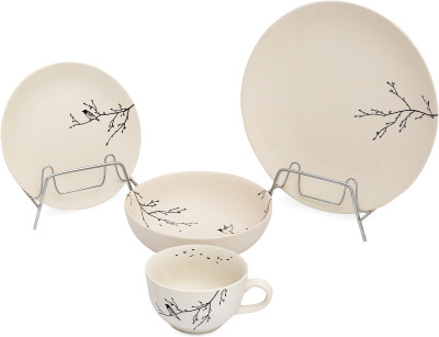 Caffeine Handmade Bird on Branches Pattern Sculpted Mini Pack of 4 Dinner Set(Ceramic)