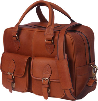 

Zakara Genuine Leather Weekender Duffel Laptop Compartment Travel Gym Bag(Yellow, Brown), Brown;yellow