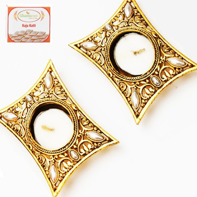 

Ghasitaram Gifts Diwali Set of 2 Golden Metal Rectangle T-Lite with kaju Katli Combo Combo(200 g)