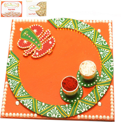 

Ghasitaram Gifts BhaiDooj -Siddhi Vinayak Pooja Thali with 200 gms of Kaju katli and 200 gms of Soan Papdi Combo(2)