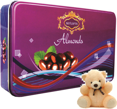 

Skylofts 175gms Big Rectangular Chocolate coated Almonds Tin with a cute teddy Combo(175gms)