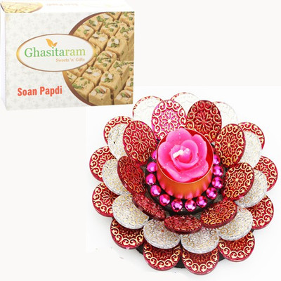 

Ghasitaram Gifts Diwali Floating Flower T-Lite with Soan Papdi Combo Combo(400 g)