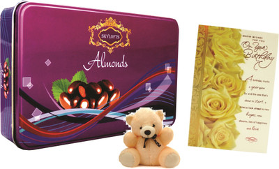 

Skylofts Chocolate coated Almonds Tin Pack with teddy & a birthday card gift combo Combo(175gms)