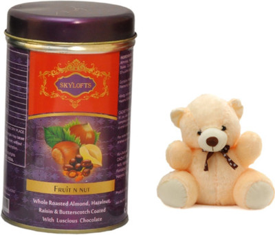 

Skylofts 100gms Fruit N Nut chocolates Tin combo with a cute teddy Combo(100gms)