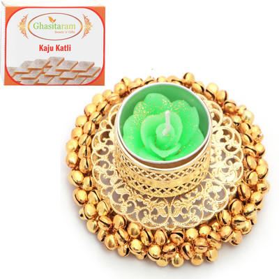 

Ghasitaram Gifts Diwali Candles-Golden Gungroo T-Lite with Kaju Katli Combo Combo(400 g)