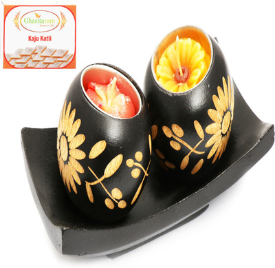 

Ghasitaram Gifts Diwali Candles Set of 2 Wooden Candles with Tray with 400 gms kaju Katli Combo(3)