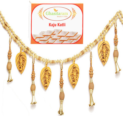 Ghasitaram Gifts Diwali Gifts Decoration- Leaf Ganesha Beads Toran with Kaju Katli Combo Combo(200 g)