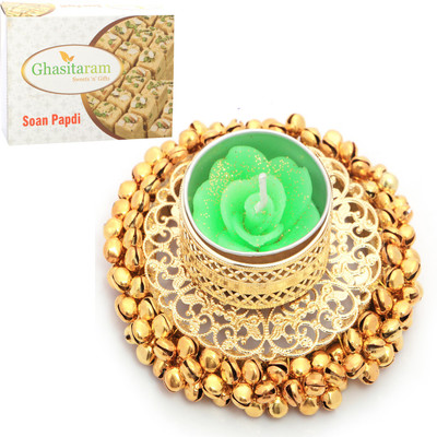 

Ghasitaram Gifts Diwali Candles-Golden Gungroo T-Lite with 200 gms Soan Papdi Combo(2)