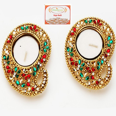 

Ghasitaram Gifts Diwali Set of 2 Mango Multicolor Metal T-Lite with 200 gms kaju Katli Combo(3)