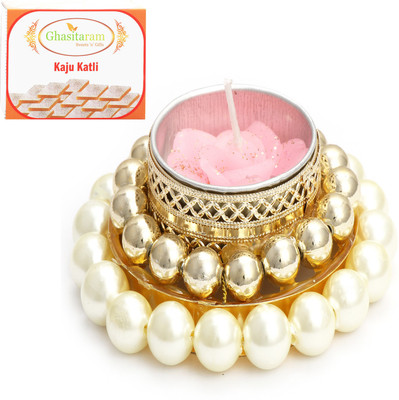 Ghasitaram Gifts Diwali Candles- White Pearl T-Lite with 400 gms Kaju Katli Combo(2)