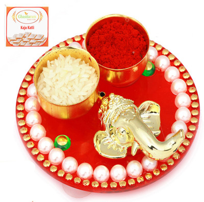 

Ghasitaram Gifts BhaiDooj -Ganesh Mini Pooja Thali with Kaju katli Combo Combo(200 g)