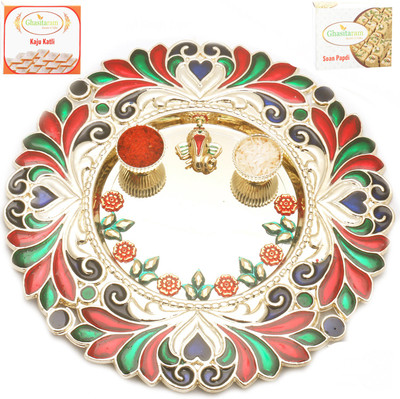 Ghasitaram Gifts BhaiDooj -Flowers of Love Pooja Thali with 200 gms of Kaju katli and 200 gms of Soan Papdi Combo(2)