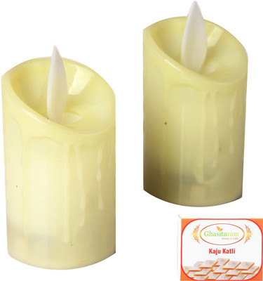 

Ghasitaram Gifts Diwali Candles Set of 2 Led Candles with kaju Katli Combo Combo(400 g)