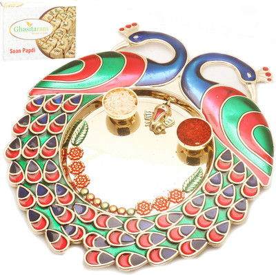

Ghasitaram Gifts BhaiDooj -Colourful Peacock Pooja Thali with 200 gms of Soan Papdi Combo(2)