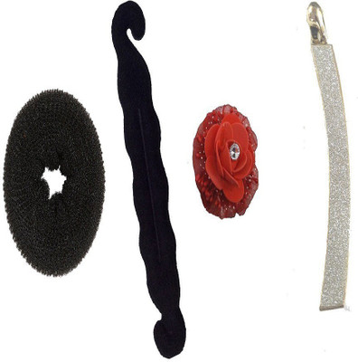 

NERR ™ beautiful Collection Combo of 4 pcs hair accessories 1 donut . 1jura maker . 1 red rose hair clip . 1 banana clip full party wear hair accessories Hair Clip(Multicolor)