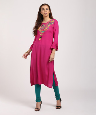 Indian Ink Women Chikan Embroidery Straight Kurta(Pink) Flipkart