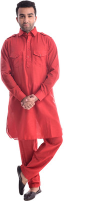 Nawab-Saheb Men Solid Pathani Kurta(Red)