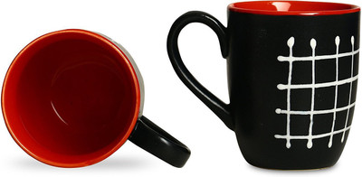 

caffeine Coffee Stoneware in Black & Red Check (Set of 2) Handmade Ceramic Mug(300 ml, Pack of 2)