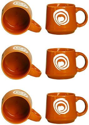 

caffeine Tea Cup Ceramic/Stoneware in Orange & White Doodle Cubic (Set of 6) Handmade Ceramic Mug(300 ml, Pack of 6)