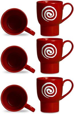 caffeine Coffee Stoneware in Red & White Doodle Platform (Set of 6) Handmade Ceramic Mug(300 ml, Pack of 6)