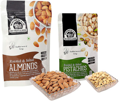 

Wonderland Roasted Salted Almonds & Pistachios Nuts Combo Pack of 2 (300g) Almonds, Pistachios(300 g, Pouch)
