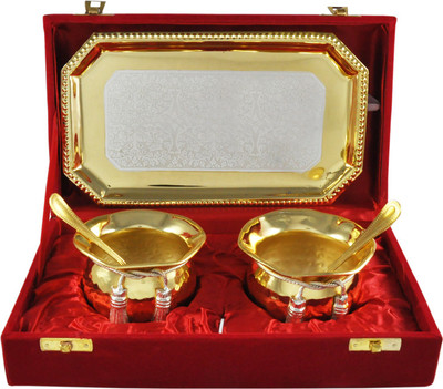 

Raj Laxmi RajLaxmi Silver And Gold Plated Container Tray Set Bowl Spoon Tray Serving Set(Pack of 5)