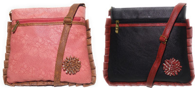 

AZED Collections Girls Casual Pink, Black Rexine Sling Bag, Black;pink