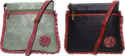 

AZED Collections Girls Casual Green, Black Rexine Sling Bag, Black;green