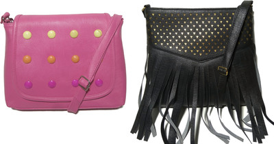 

AZED Collections Girls Casual Pink, Black Rexine Sling Bag, Black;pink
