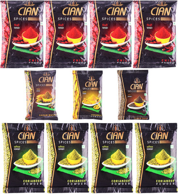 

cian Spice Combo Pack of 11- 950Gm (4 Red Chilli Powder 100gm each + 4 Corriander Powder 100gm each + Garam Masala 50gm + Turmeric Powder 50gm + Cummin Seed Powder 50gm)(11 x 86.36 g)