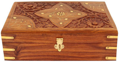 

WoodCart Handmade Wooden Jewellery Box for Women Jewel Organizer Hand Carved with Star-Carving-Brass Design - 10 Inches Makeup and Jewellery Vanity Box(Brown)