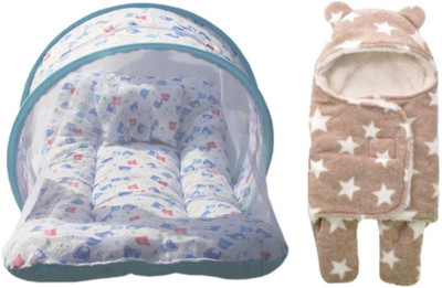 

Brandonn Combo Of Baby Bed With Mosquito Net Attached And Hooded Baby Blanket With Safety Features Pack Of 2(Multicolor)