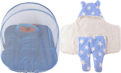 

Brandonn Combo Of Baby Bed With Mosquito Net Attached And Hooded Baby Blanket With Safety Features Pack Of 2(Multicolor)