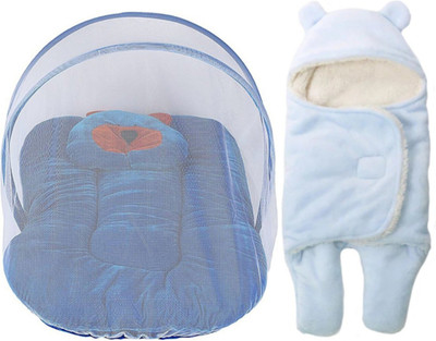 

Brandonn Combo Of Baby Bed With Mosquito Net Attached And Hooded Baby Blanket With Safety Features Pack Of 2(Multicolor)