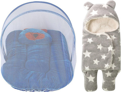 

Brandonn Combo Of Baby Bed With Mosquito Net Attached And Hooded Baby Blanket With Safety Features Pack Of 2(Multicolor)