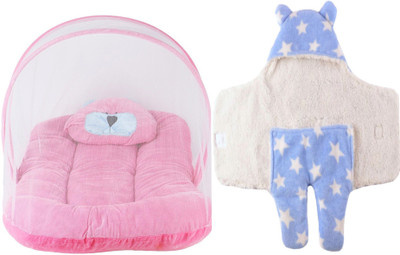 

Brandonn Combo Of Baby Bed With Mosquito Net Attached And Hooded Baby Blanket With Safety Features Pack Of 2(Multicolor)